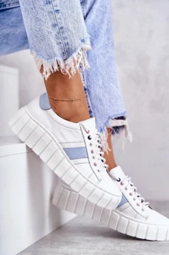 Damskie Skórzane Buty Sportowe Wiązane Biało-Niebieskie Ariva