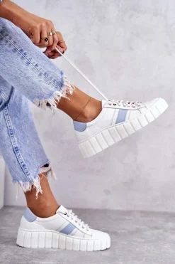 Damskie Skórzane Buty Sportowe Wiązane Biało-Niebieskie Ariva