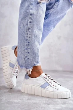 Damskie Skórzane Buty Sportowe Wiązane Biało-Niebieskie Ariva
