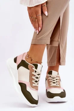 Damskie Skórzane Buty Sportowe Na Platformie Beżowo-Różowe Chaya