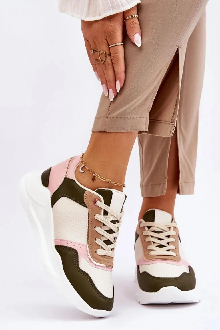 Damskie Skórzane Buty Sportowe Na Platformie Beżowo-Różowe Chaya