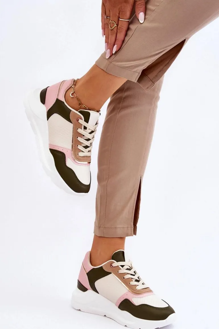 Damskie Skórzane Buty Sportowe Na Platformie Beżowo-Różowe Chaya