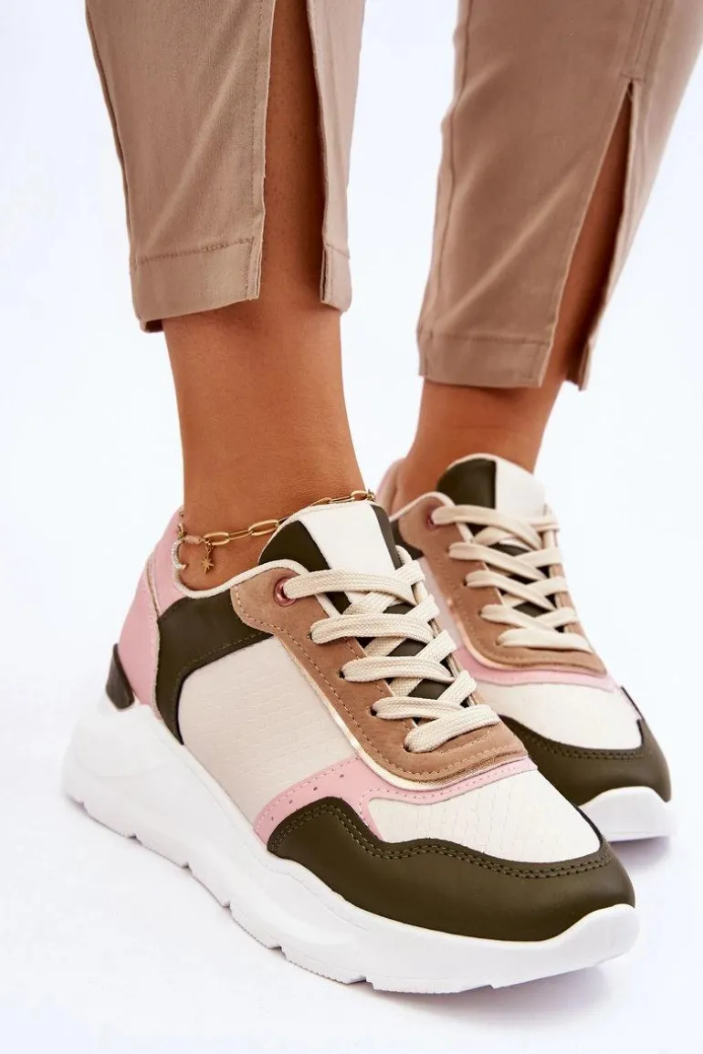 Damskie Skórzane Buty Sportowe Na Platformie Beżowo-Różowe Chaya