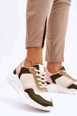 Damskie Skórzane Buty Sportowe Na Platformie Beżowo-Różowe Chaya