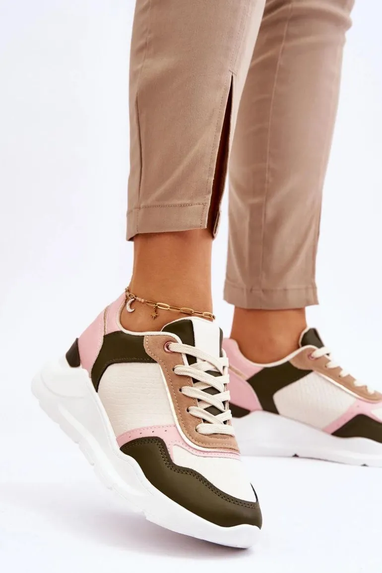 Damskie Skórzane Buty Sportowe Na Platformie Beżowo-Różowe Chaya