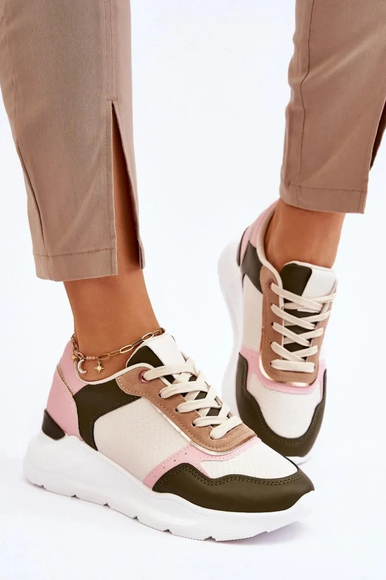 Damskie Skórzane Buty Sportowe Na Platformie Beżowo-Różowe Chaya