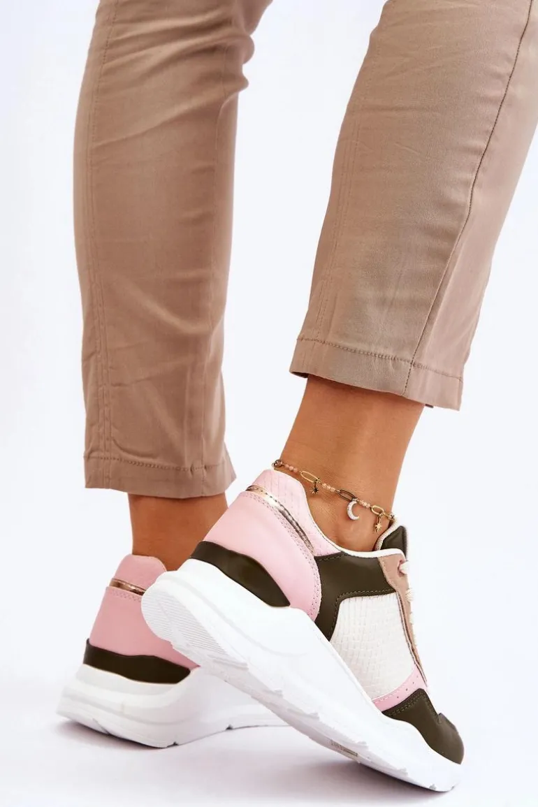Damskie Skórzane Buty Sportowe Na Platformie Beżowo-Różowe Chaya