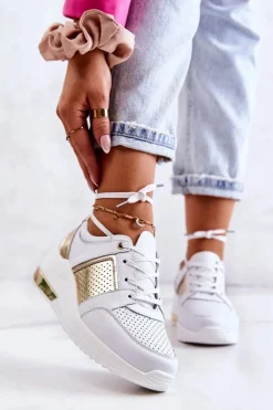 Damskie Skórzane Buty Sportowe Na Koturnie Białe Larson