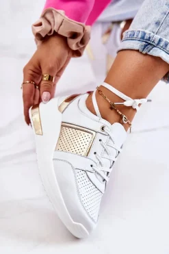 Damskie Skórzane Buty Sportowe Na Koturnie Białe Larson