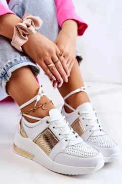 Damskie Skórzane Buty Sportowe Na Koturnie Białe Larson