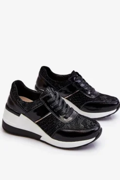 Damskie Skórzane Buty Sportowe Na Koturnie Czarne Crosby