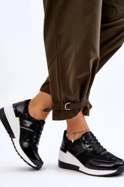 Damskie Skórzane Buty Sportowe Na Koturnie Czarne Crosby