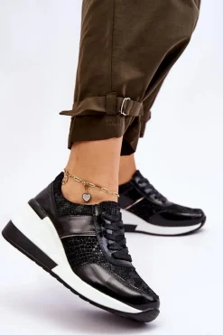 Damskie Skórzane Buty Sportowe Na Koturnie Czarne Crosby