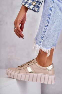 Damskie Skórzane Buty Sportowe Wiązane Beżowo-Złote Ariva