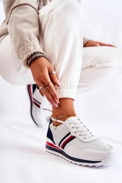 Damskie Skórzane Buty Sportowe Biało-Granatowe Jane