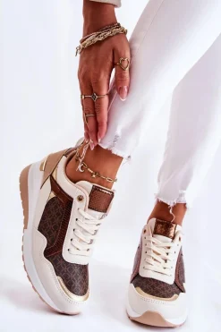 Damskie Skórzane Buty Sportowe Na Koturnie Biało-Brązowe Catrine