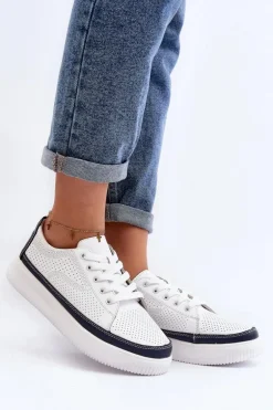 Damskie Skórzane Buty Sportowe Sneakersy Biało-Granatowe Failla