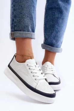 Damskie Skórzane Buty Sportowe Sneakersy Biało-Granatowe Failla