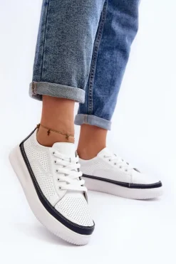 Damskie Skórzane Buty Sportowe Sneakersy Biało-Granatowe Failla