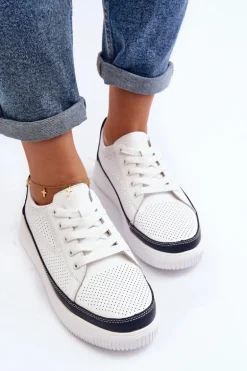 Damskie Skórzane Buty Sportowe Sneakersy Biało-Granatowe Failla