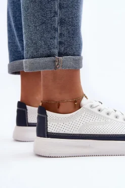Damskie Skórzane Buty Sportowe Sneakersy Biało-Granatowe Failla