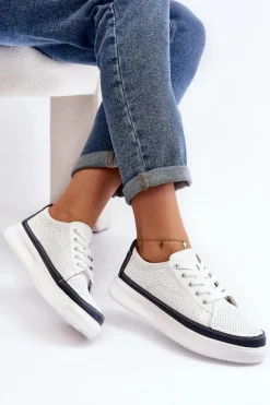 Damskie Skórzane Buty Sportowe Sneakersy Biało-Granatowe Failla