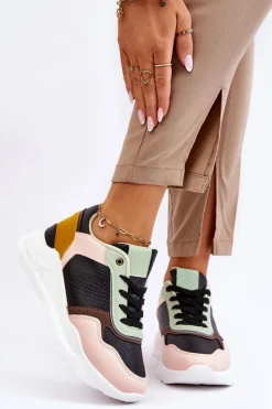 Damskie Skórzane Buty Sportowe Na Platformie Czarno-Zielone Chaya