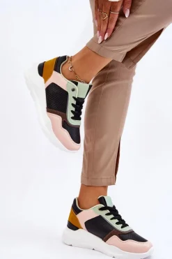 Damskie Skórzane Buty Sportowe Na Platformie Czarno-Zielone Chaya