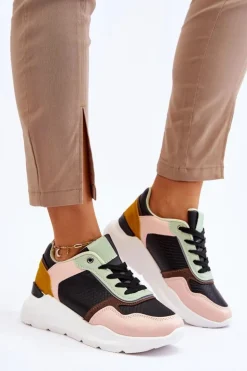 Damskie Skórzane Buty Sportowe Na Platformie Czarno-Zielone Chaya