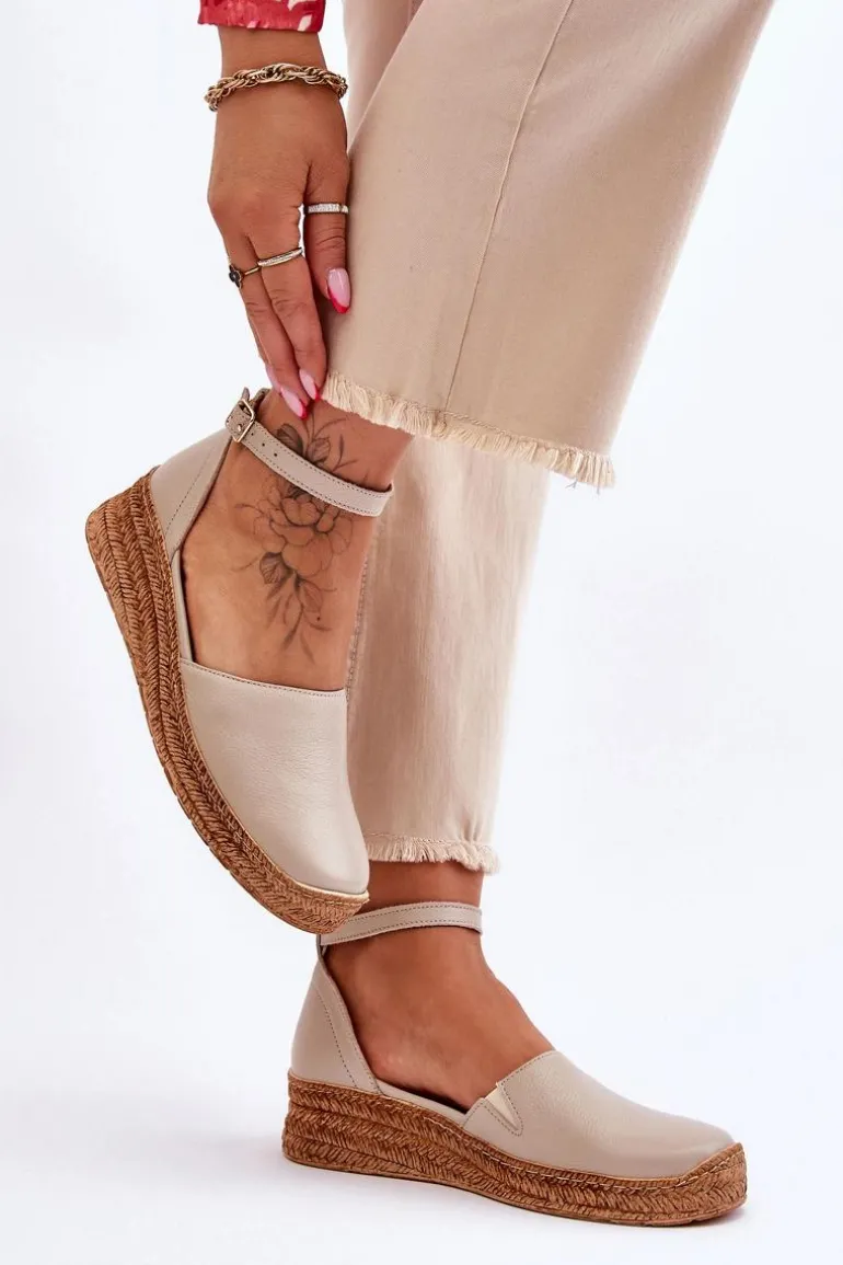 Damskie Skórzane Espadryle Sandały Beżowe Lemar Moise