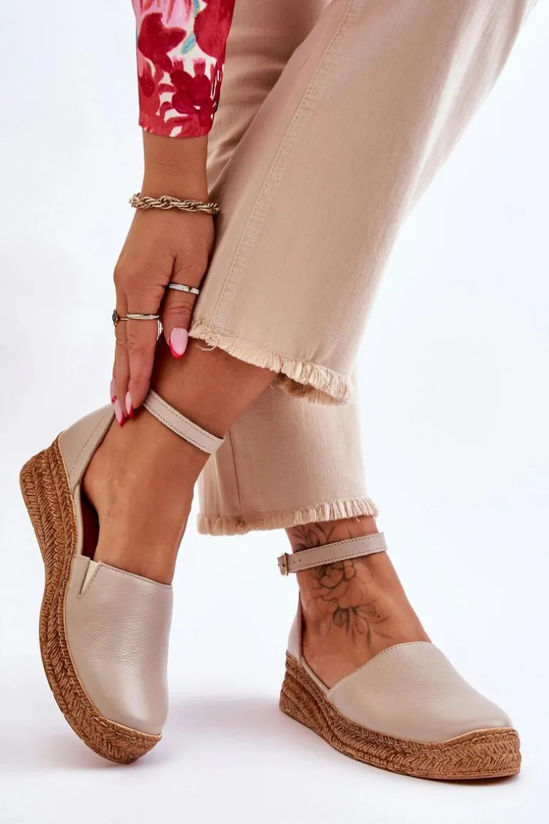 Damskie Skórzane Espadryle Sandały Beżowe Lemar Moise