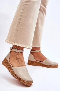 Damskie Skórzane Espadryle Sandały Beżowe Lemar Moise