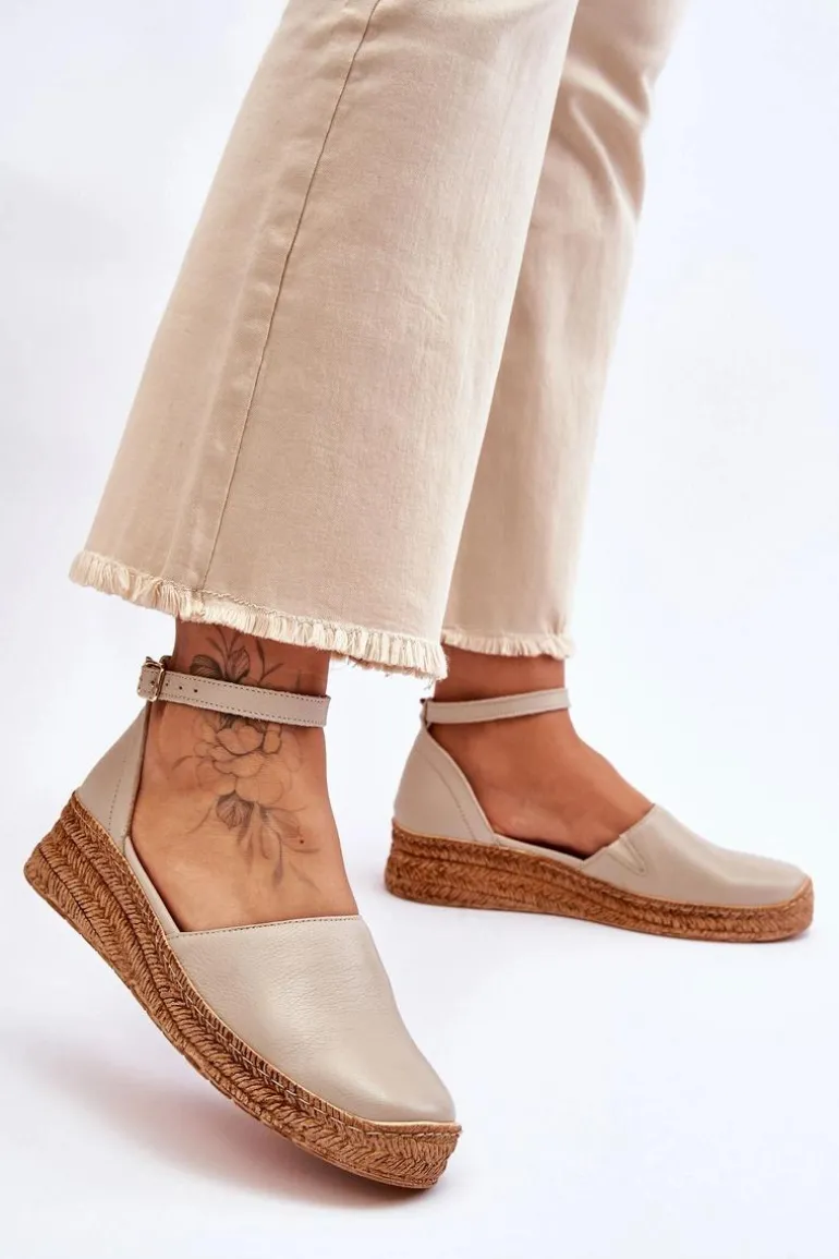 Damskie Skórzane Espadryle Sandały Beżowe Lemar Moise