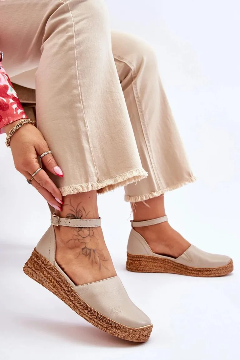 Damskie Skórzane Espadryle Sandały Beżowe Lemar Moise