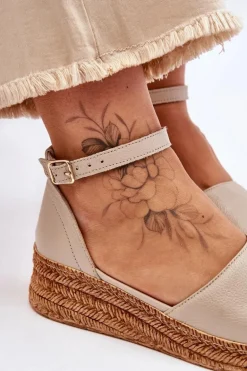 Damskie Skórzane Espadryle Sandały Beżowe Lemar Moise