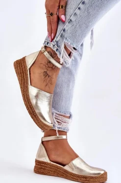 Damskie Skórzane Espadryle Sandały Złote Moise