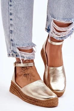 Damskie Skórzane Espadryle Sandały Złote Moise