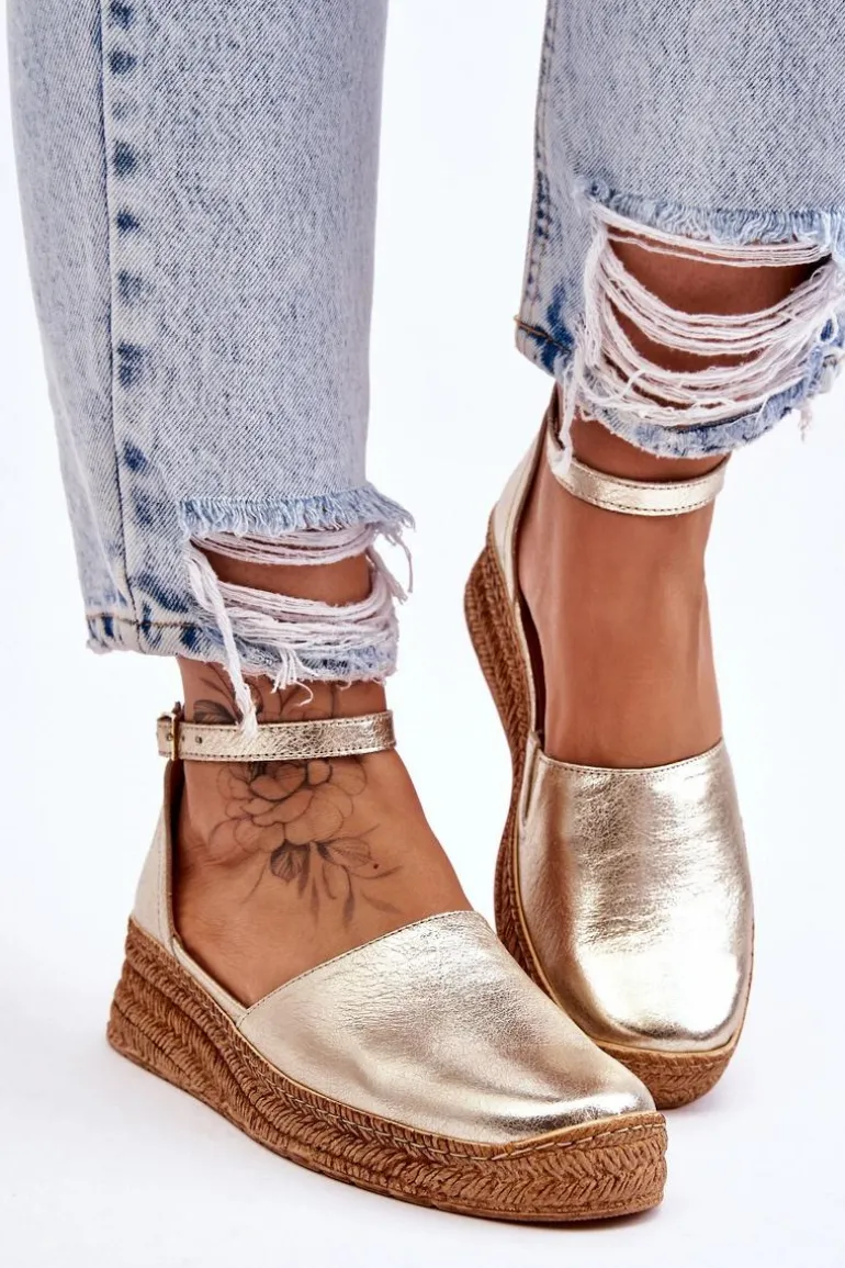 Damskie Skórzane Espadryle Sandały Złote Moise