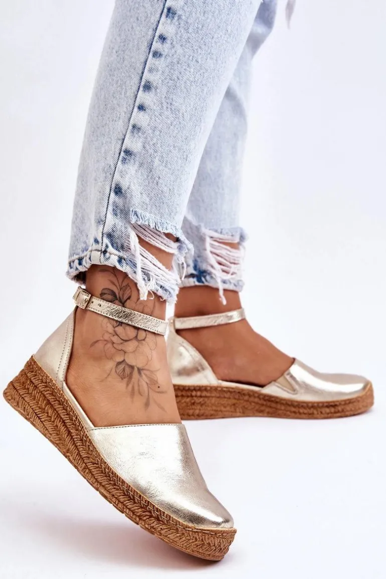 Damskie Skórzane Espadryle Sandały Złote Moise