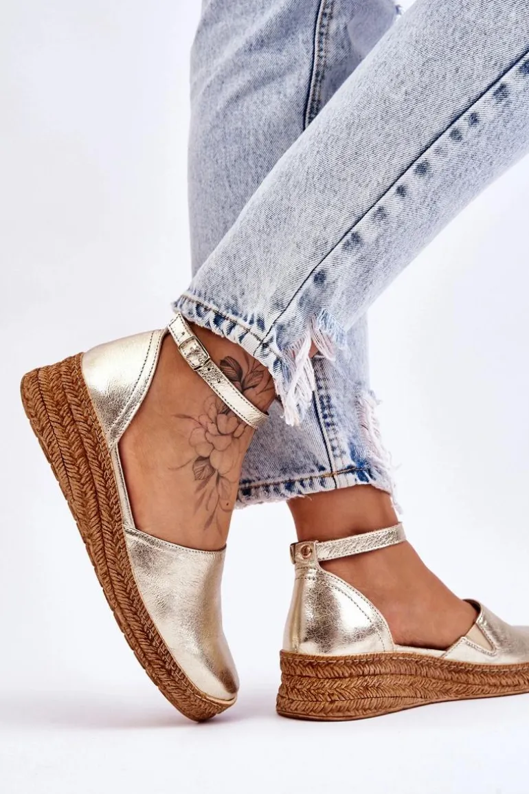 Damskie Skórzane Espadryle Sandały Złote Moise