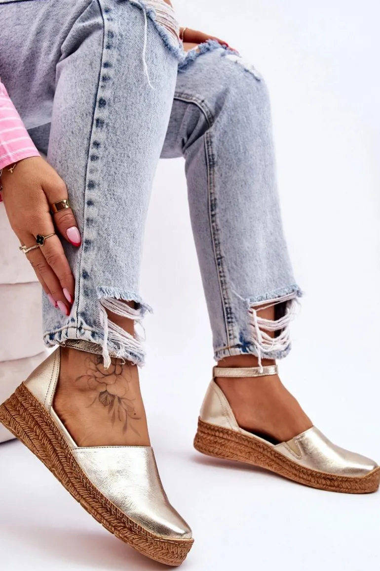 Damskie Skórzane Espadryle Sandały Złote Moise