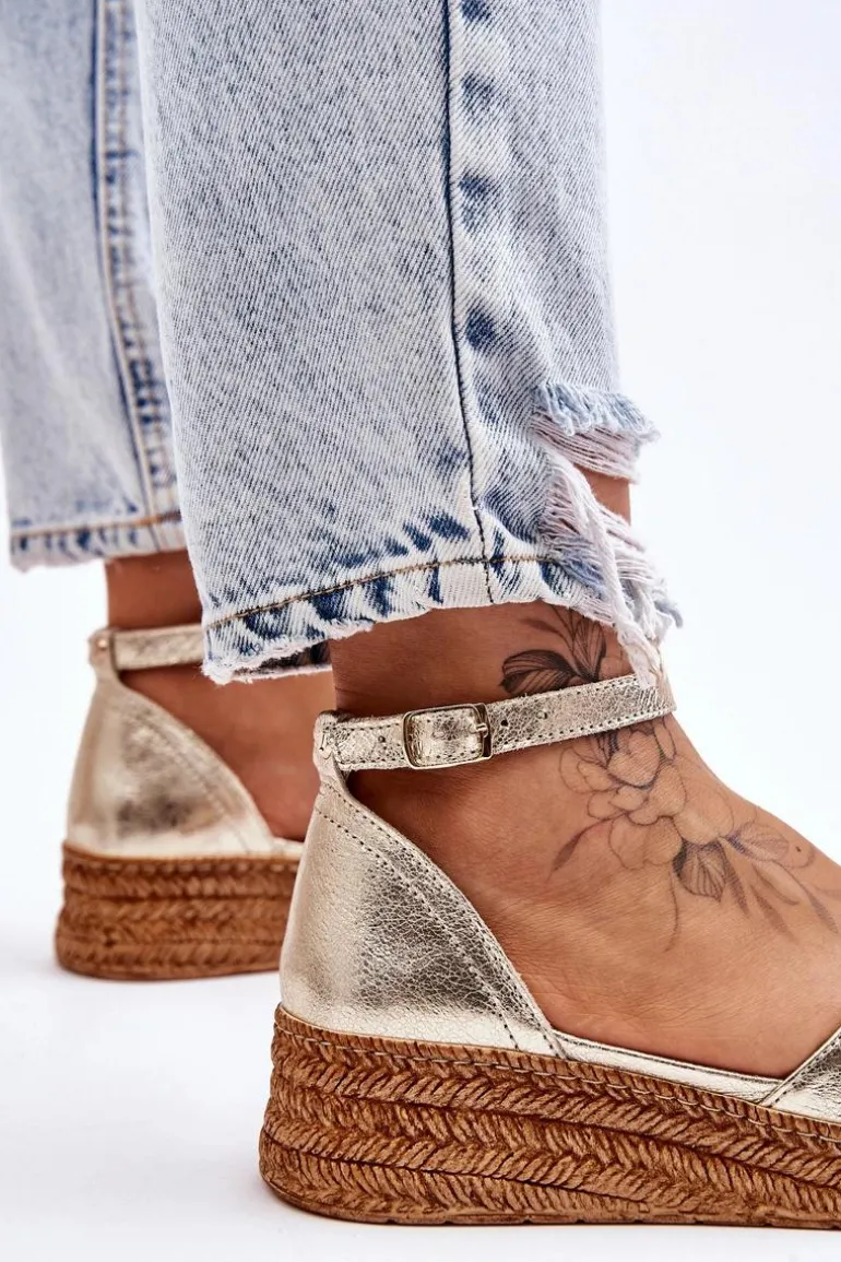 Damskie Skórzane Espadryle Sandały Złote Moise