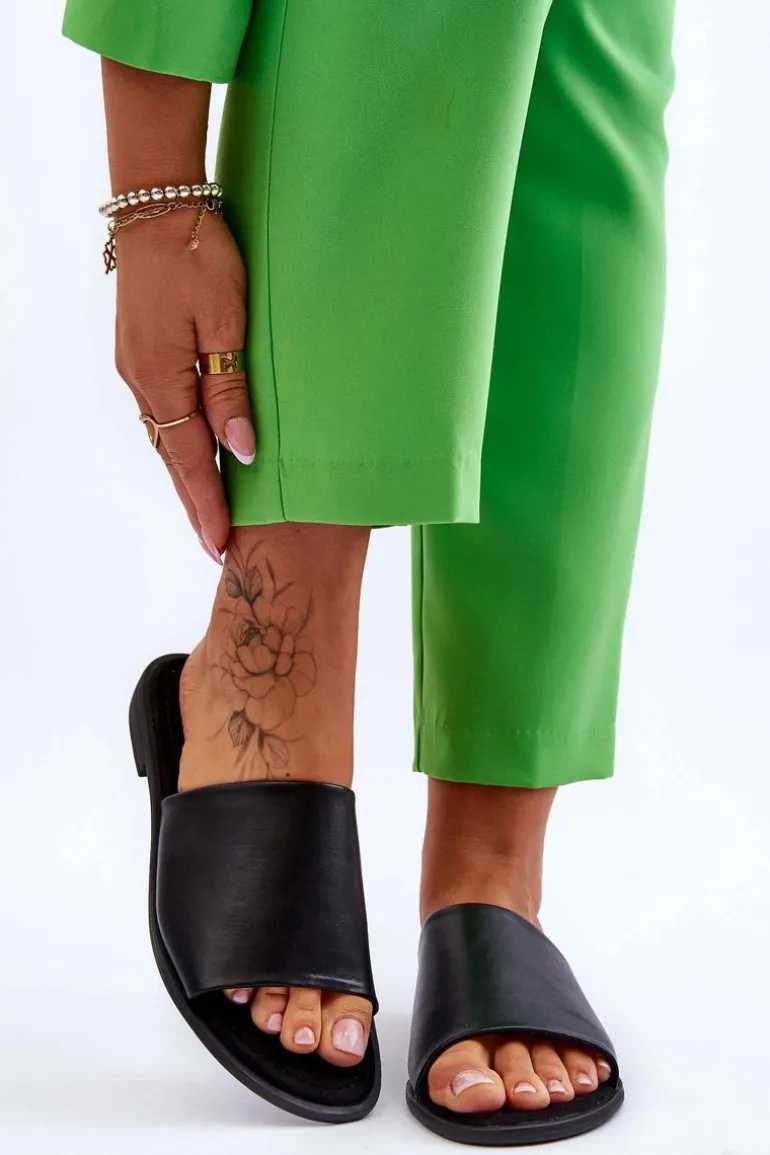 Damskie Skórzane Gładkie Klapki Czarne Cerise