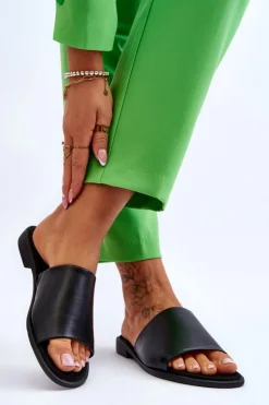 Damskie Skórzane Gładkie Klapki Czarne Cerise