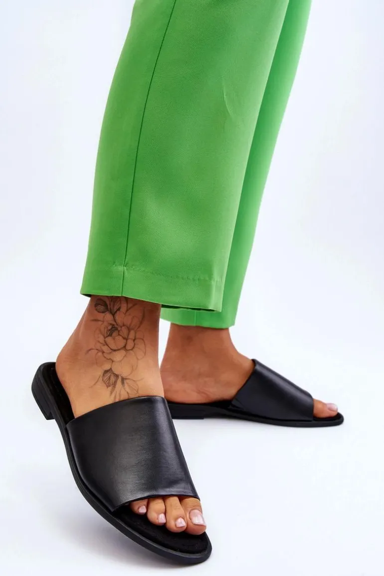 Damskie Skórzane Gładkie Klapki Czarne Cerise