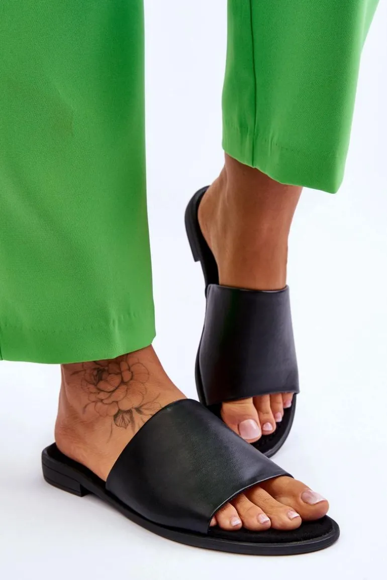 Damskie Skórzane Gładkie Klapki Czarne Cerise