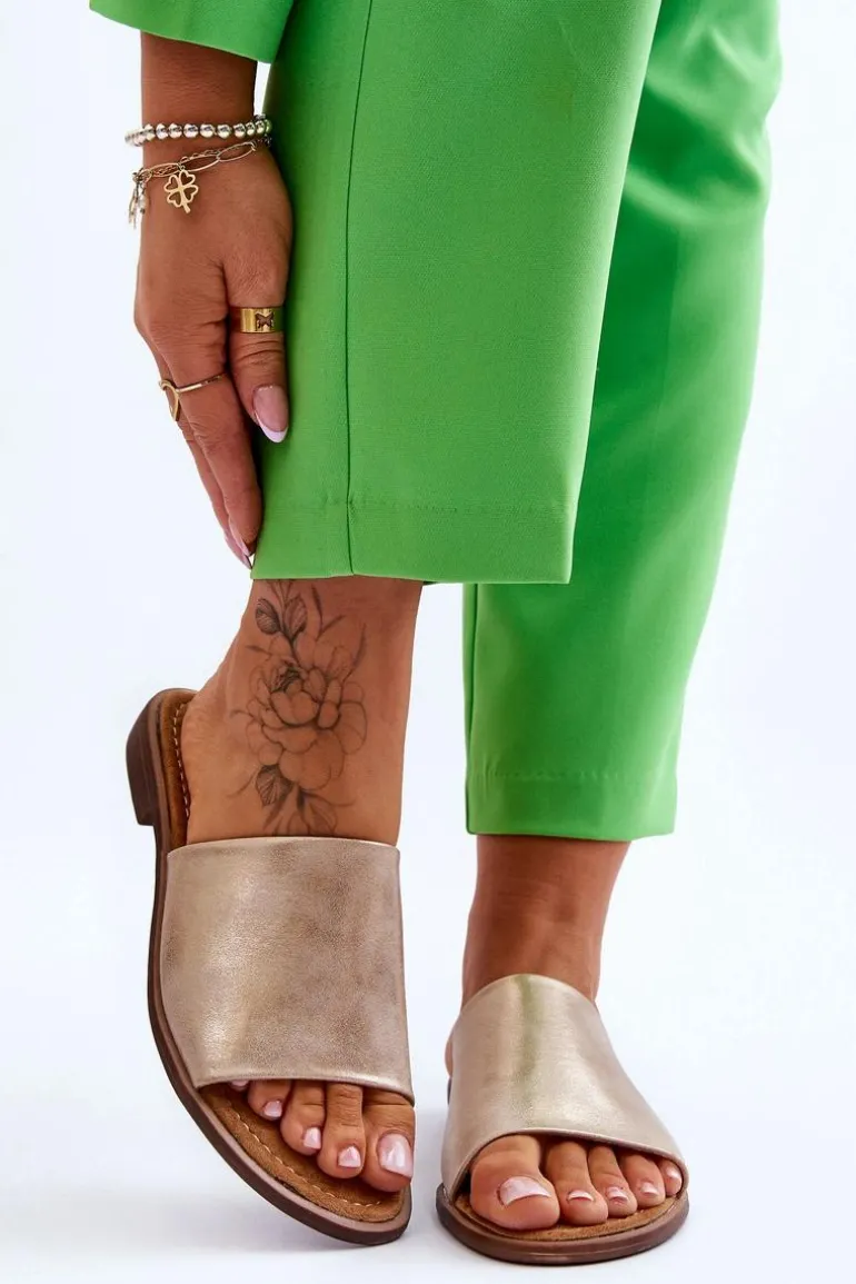 Damskie Skórzane Gładkie Klapki Złote Cerise