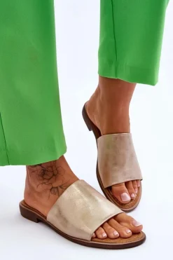 Damskie Skórzane Gładkie Klapki Złote Cerise