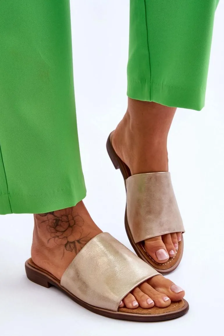 Damskie Skórzane Gładkie Klapki Złote Cerise