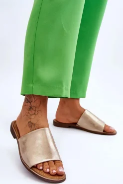 Damskie Skórzane Gładkie Klapki Złote Cerise